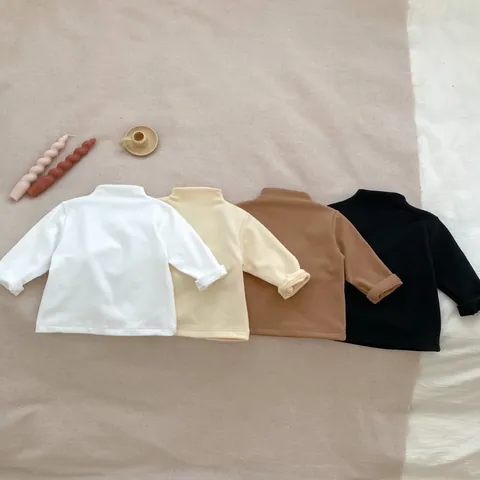 Toddler Baby Mock Neck Long Sleeve T-shirt Solid Color Elastic Cotton Base Layer Top For Boys Girls Spring Autumn