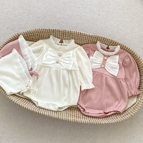 Baby Girl Sweet Ribbed Cotton Romper With Big Bow Artificial Pearl Button Ruffle Stand Collar Long Sleeve Bodysuit Hat And Socks