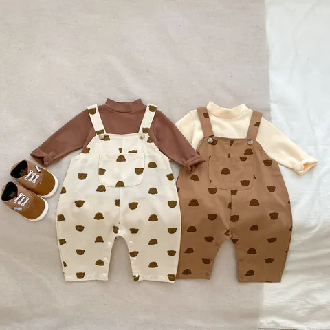 Baby Infant Toddler Cute Cartoon Bear Overalls Set Cotton Long Sleeve Mock Neck Top And Suspender Pants Clothing Outfit
