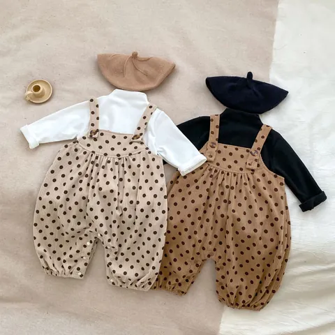 Baby Boys Girls Polka Dot Corduroy Romper Jumpsuit With Solid Long Sleeve Turtleneck Base Shirt Spring Autumn Outfits Set