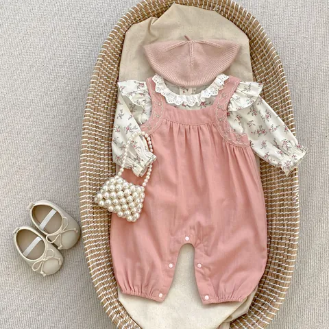 Baby Girls Vintage Floral Long Sleeve Lace Blouse And Pink Cotton Suspender Pants Romper With Hat Shoes For Infant Toddler