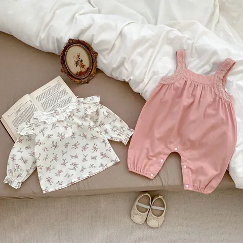 Baby Girls Vintage Floral Long Sleeve Lace Blouse And Pink Cotton Suspender Pants Romper With Hat Shoes For Infant Toddler