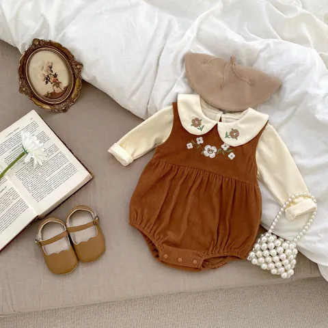 Baby Girls Vintage Corduroy Floral Embroidery Suspender Romper And Peter Pan Collar Long Sleeve Shirt Infant Autumn Outfit
