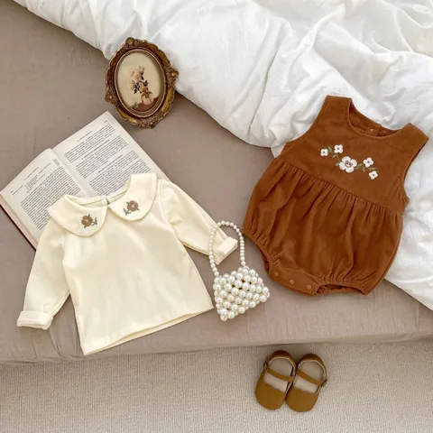 Baby Girls Vintage Corduroy Floral Embroidery Suspender Romper And Peter Pan Collar Long Sleeve Shirt Infant Autumn Outfit