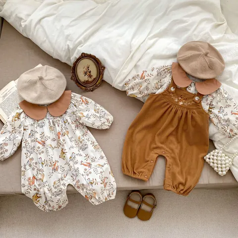 Baby Forest Animal Print Peter Pan Collar Romper And Suspender Pants Long Sleeve Cotton Infant Clothing Toddler Cottagecore Outfits