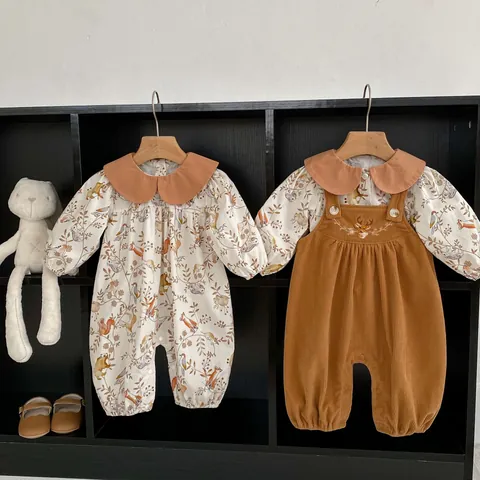 Baby Forest Animal Print Peter Pan Collar Romper And Suspender Pants Long Sleeve Cotton Infant Clothing Toddler Cottagecore Outfits