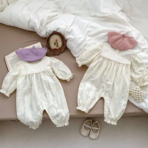 Infant Girl Floral Romper Pure Cotton Long Sleeve Jumpsuit Pastoral Style With Lace Embroidery Ruffle For Toddler Baby