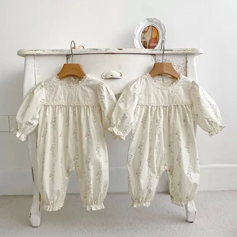 Infant Girl Floral Romper Pure Cotton Long Sleeve Jumpsuit Pastoral Style With Lace Embroidery Ruffle For Toddler Baby