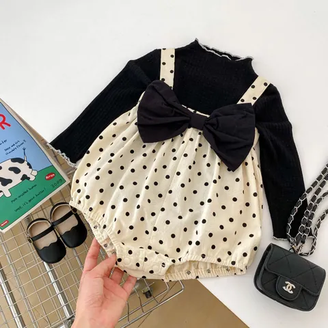 Baby Girl Sweet Polka Dot Romper Set Cotton Ribbed Long Sleeve Ruffle Top Jumpsuit Infant Fall Spring Outfit For Toddler Kids