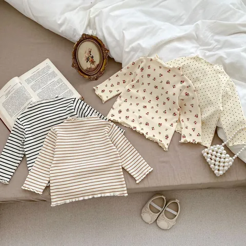 Baby Mädchen Baumwolle Langarm T-Shirt Mit Lattichkante Rippenstrick Blumenmuster Punkte Streifen Frühling Herbst Unterhemd
