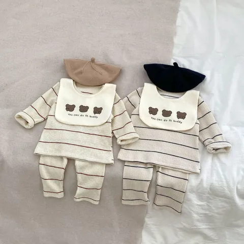 Pyjama Bébé à Rayures Haut à Manches Longues Pantalon et Bavoir Ours en Tricot de Coton Côtelé Tenue de Détente pour Nourrissons