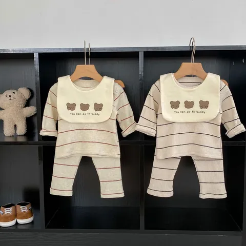 Pyjama Bébé à Rayures Haut à Manches Longues Pantalon et Bavoir Ours en Tricot de Coton Côtelé Tenue de Détente pour Nourrissons