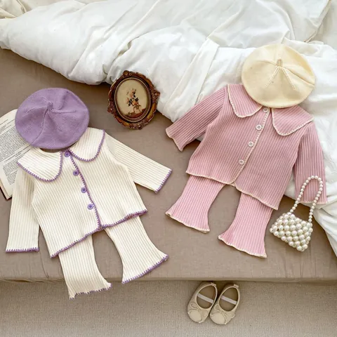 Completo da Bambina 2 Pezzi in Maglia a Costine Con Colletto Peter Pan Cardigan E Pantaloni a Zampa Bordo a Festoncino