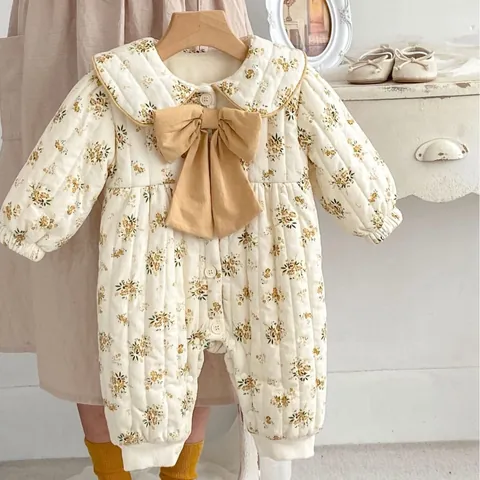 Baby Girls Winter Sweet Floral Quilted Romper Long Sleeve Thickened Fleece Lined Jumpsuit With Large Bow Peter Pan Collar Cotton Clothing