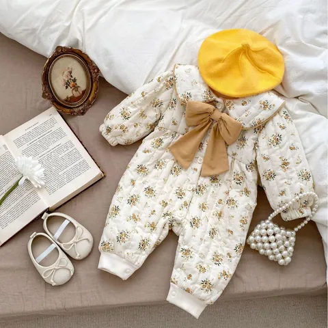 Baby Girls Winter Sweet Floral Quilted Romper Long Sleeve Thickened Fleece Lined Jumpsuit With Large Bow Peter Pan Collar Cotton Clothing