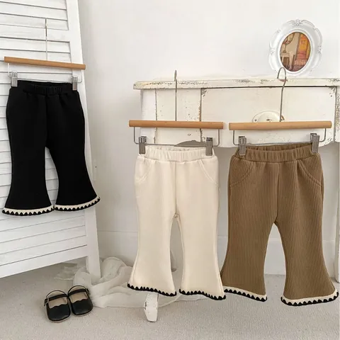 Girls Ribbed Knit Flare Pants Fleece Lined Warm Winter Leggings With Scalloped Edge Elastic Waist Solid Color Kids Clothing