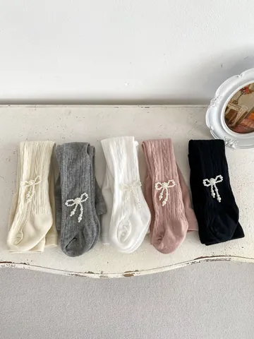 Baby Girls Tights Pearl Bow Ribbed Stirrup Leggings High Waist Cotton Cable Knit Pantyhose Spring Autumn Toddler Wear