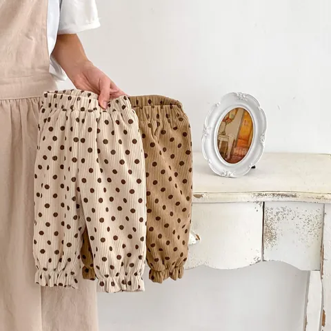 Toddler Kids Corduroy Polka Dot Fleece Lined Pants Warm Winter Casual Trousers For Boys Girls Ruffle Hem Elastic Waist