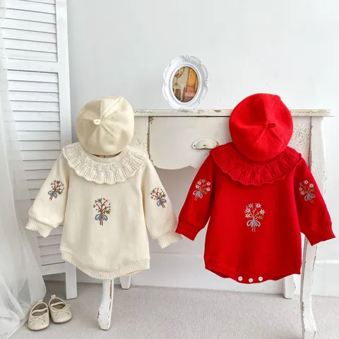 Baby Mädchen Winter Fleece Gefüttert Strick Strampler Blumen Stickerei Spitze Kragen Langarm Kleinkind Overall Warme Kleidung