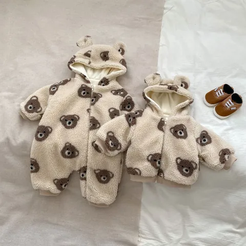 Baby Hooded Romper Sherpa Fleece Jacket Cute Bear Pattern Winter Warm Jumpsuit With 3D Ears Zip Up For Toddler Infants