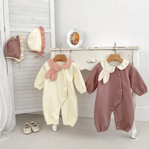 Winter Thickened Velvet Baby Romper With Hat Ribbed Fleece Lined Long Sleeve Jumpsuit Rabbit Ear Collar Infant Warm Clothing