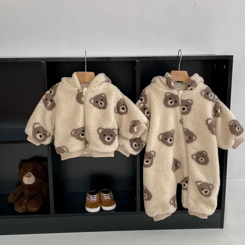 Baby Hooded Romper Sherpa Fleece Jacket Cute Bear Pattern Winter Warm Jumpsuit With 3D Ears Zip Up For Toddler Infants