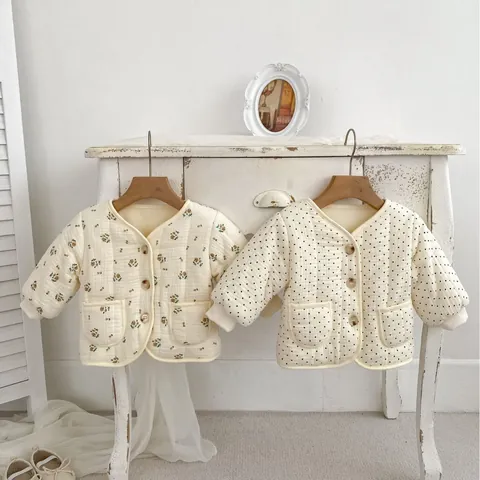 Peuter Baby Meisje Winter Warme Katoenen Gewatteerde Jas Bloemen Polka Dot Cardigan Bovenkleding En Flare Broek Outfit