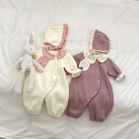 Winter Thickened Velvet Baby Romper With Hat Ribbed Fleece Lined Long Sleeve Jumpsuit Rabbit Ear Collar Infant Warm Clothing