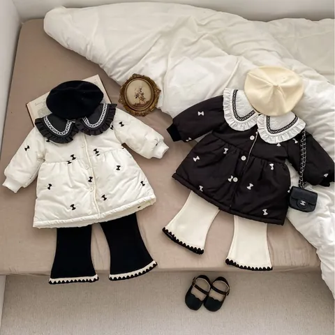 Baby Girls Winter Padded Jacket Vintage Bow Embroidery Thickened Fleece Cotton Coat Flower Lapel Single Breasted Warm Outerwear