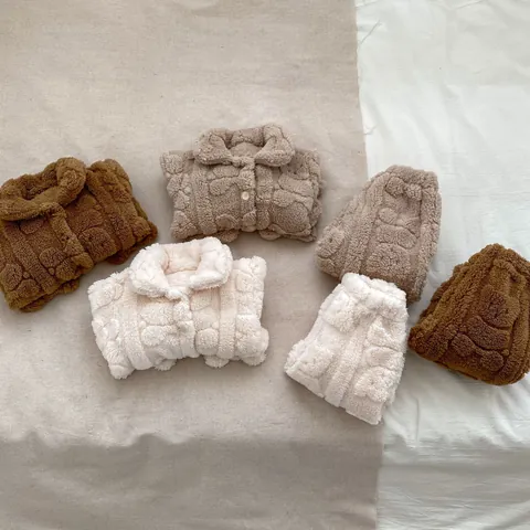 Toddler Baby Cute Bear Sherpa Fleece Pajamas Suit Warm Winter Plush Home Service Jacket And Pants Outfits Kids Clothing