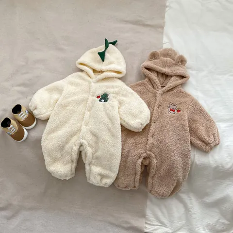 Infant Baby Winter Thick Fleece Romper Hooded Cartoon Dinosaur Bear Embroidery Warm Jumpsuit Long Sleeve One Piece