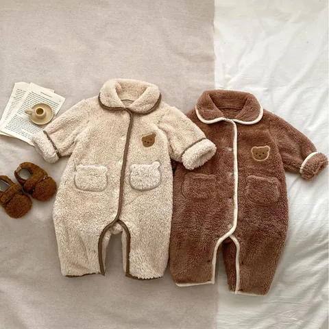 Baby Sherpa Fleece Romper Bear Ear Pockets Teddy Bear Embroidery Lapel Long Sleeve Thick Warm Jumpsuit Infant Toddler