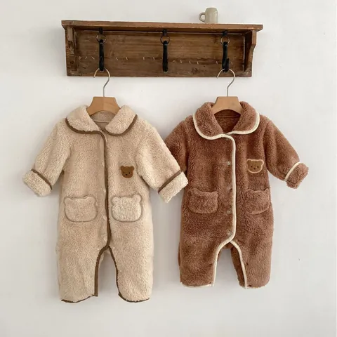 Baby Sherpa Fleece Romper Bear Ear Pockets Teddy Bear Embroidery Lapel Long Sleeve Thick Warm Jumpsuit Infant Toddler