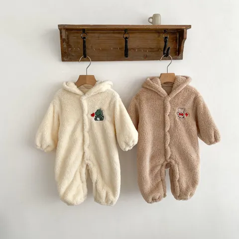 Infant Baby Winter Thick Fleece Romper Hooded Cartoon Dinosaur Bear Embroidery Warm Jumpsuit Long Sleeve One Piece