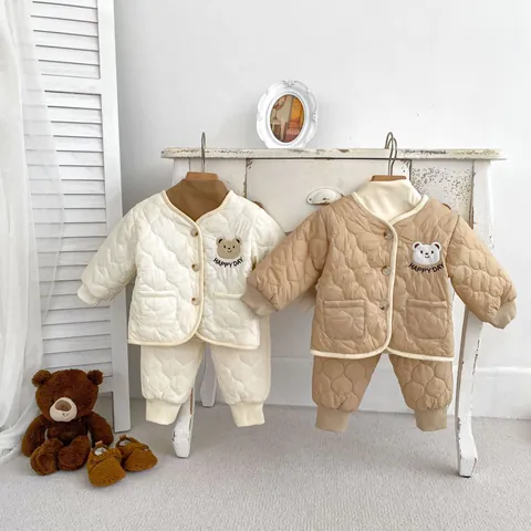 Infant Toddler Winter Quilted Fleece Warm Padded Bear Embroidery Button Coat And Long Pants Outwear Clothing Suit For Boys Girls