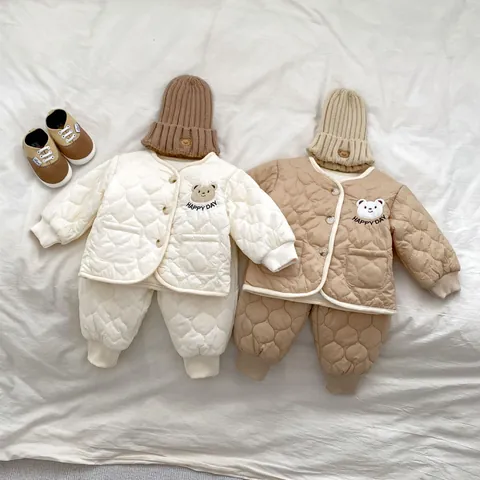 Infant Toddler Winter Quilted Fleece Warm Padded Bear Embroidery Button Coat And Long Pants Outwear Clothing Suit For Boys Girls