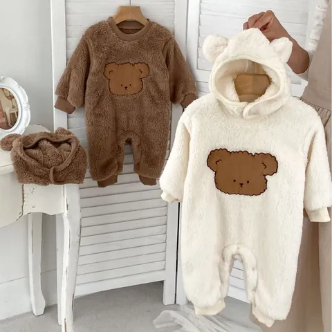 Baby Winter Warm Fleece Romper With Bear Ears Hooded Thick Jumpsuit Cute Animal Pattern Bodysuit For Newborn Infant Toddler