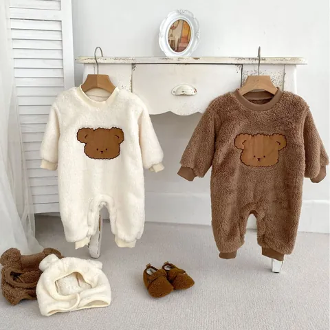 Baby Winter Warm Fleece Romper With Bear Ears Hooded Thick Jumpsuit Cute Animal Pattern Bodysuit For Newborn Infant Toddler