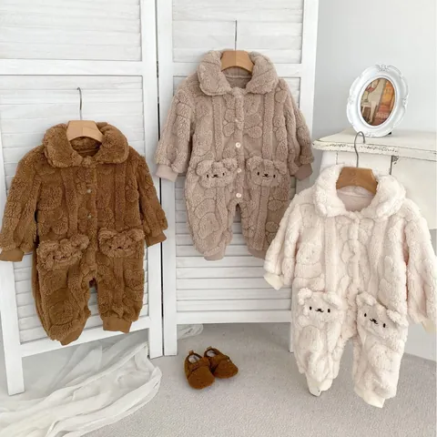 Winter Baby Bear Sherpa Fleece Jumpsuit Romper And Shoes Padded Warm Long Sleeve Home Sleepwear For Newborn Toddler Kids