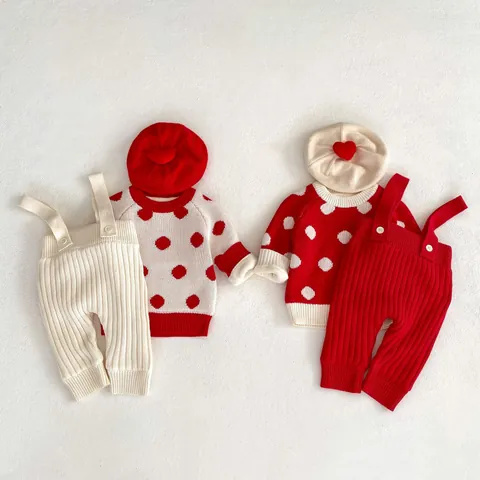 Baby Knit Polka Dot Long Sleeve Sweater Top Or Suspender Pants Winter Thickened Fleece Warm Pullover Toddler Clothing