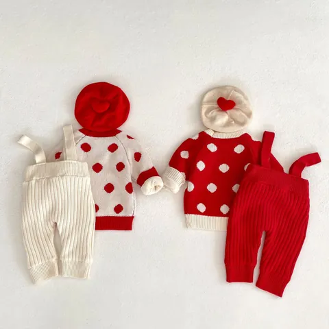 Baby Knit Polka Dot Long Sleeve Sweater Top Or Suspender Pants Winter Thickened Fleece Warm Pullover Toddler Clothing