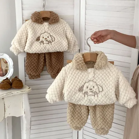 Maglione e Pantaloni in Pile per Neonati con Ricamo a Forma di Cane Ispessito Caldo a Manica Lunga per Bambini Abbigliamento Invernale