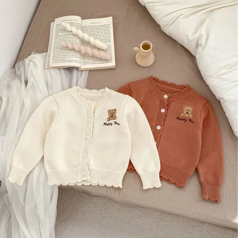 Baby Gebreid Vest Met Berenborduurwerk 100% Katoen Lange Mouw Ronde Hals Knoopsluiting Trui Jas Voor Jongens Meisjes