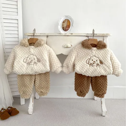 Maglione e Pantaloni in Pile per Neonati con Ricamo a Forma di Cane Ispessito Caldo a Manica Lunga per Bambini Abbigliamento Invernale