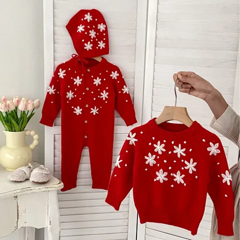 Red Knitted Cotton Baby Romper Set Hand Crochet Floral Embroidery Long Sleeve Infant Jumpsuit Sweater Hat Newborn Clothes