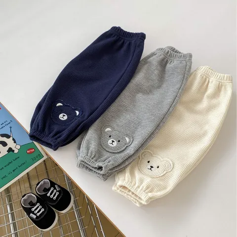 Baby Toddler Cute Bear Waffle Trousers Casual Soft Cotton Blend Jogger Pants Elastic Waist Sweatpants For Infants