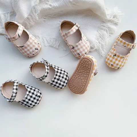 Zapatos Mary Jane para Bebé Niña a Cuadros y Flores Suela Blanda Algodón Primeros Pasos con Hebilla para Niños