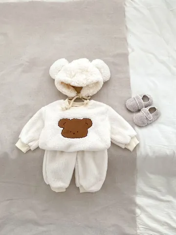 Baby Winter Warm Fleece Clothing Set Cute Bear Embroidered Long Sleeve Top And Pants Infant Toddler Thickened Thermal Outfit