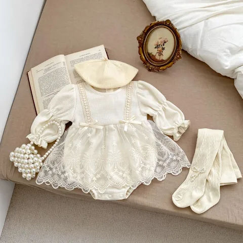 Sweet Baby Girl Waffle Knit Long Sleeve Bodysuit Romper Dress With Satin Bow Lace Embroidery Princess Outfit For Spring Autumn