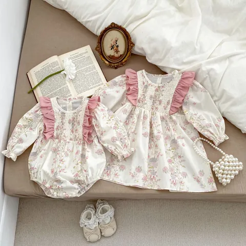 Baby Girls French Floral Long Sleeve Romper Or Dress With Ruffles And Smocking Detail Breathable Cotton Infant Toddler Clothing